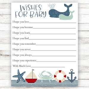 Deseos Náuticos Para Bebé, Tarjetas De Consejos Para Baby Shower, Deseos Para Bebé Imprimibles, Deseos De Baby Shower, Ancla, Marinero, Ballena, Azul, Niño, SAP1