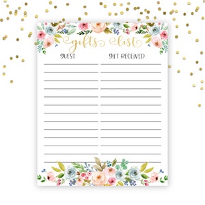 Baby Shower Gift List Printable, Baby Shower Gift List, Woodland Baby Shower Decor, Floral Baby Shower, Girl Baby Shower Gift List, WP1