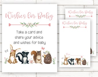 Wishes For Baby, Wishes for Baby Sign, Baby Shower Advice Cards, Baby Shower Wishes For Baby Cards, Woodland, Printable, Baby Girl, WPP1