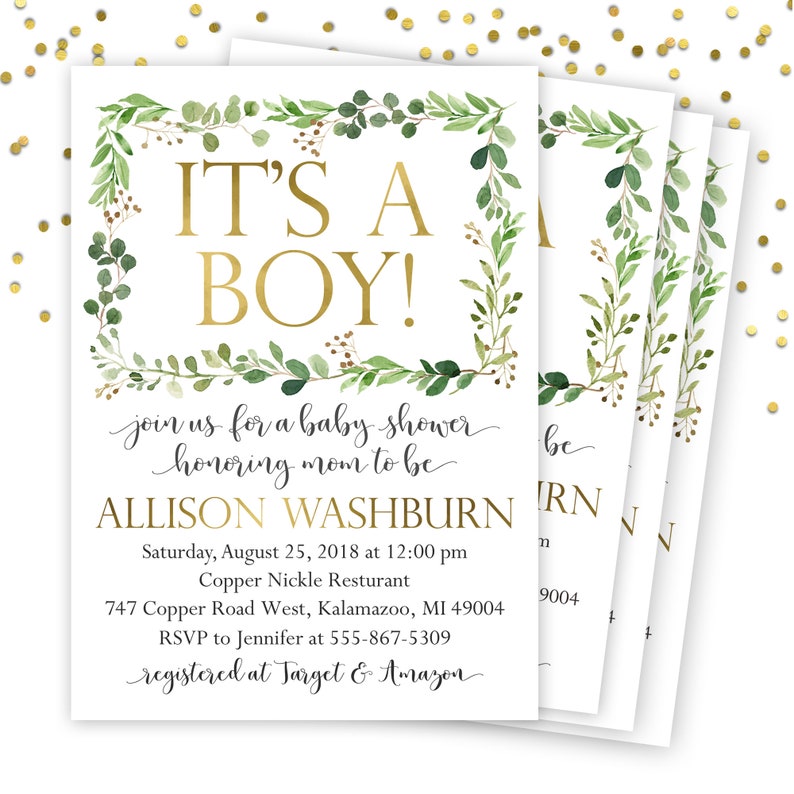 Greenery Baby Shower Invitation Boy Baby Shower Invitation Etsy