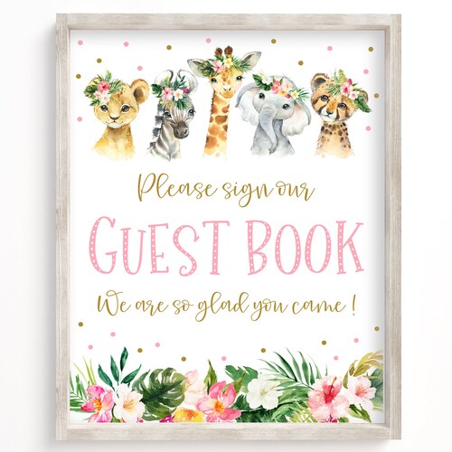 Jungle Baby Shower Guest Book Sign Girl Safari Animals Baby Etsy