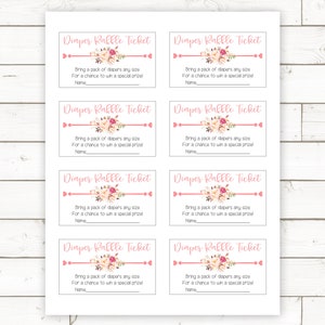 Puede incluir: Ocho boletos de rifa de pa&ntilde;ales rosas y blancos con dise&ntilde;os florales y el texto "Diaper Raffle Ticket" impreso en cada uno. Trae un paquete de pa&ntilde;ales de cualquier tama&ntilde;o para tener la oportunidad de ganar un premio especial. Nombre.