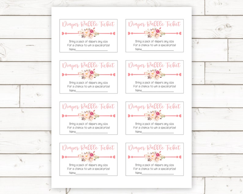 Puede incluir: Ocho boletos de rifa de pa&ntilde;ales rosas y blancos con dise&ntilde;os florales y el texto "Diaper Raffle Ticket" impreso en cada uno. Trae un paquete de pa&ntilde;ales de cualquier tama&ntilde;o para tener la oportunidad de ganar un premio especial. Nombre.