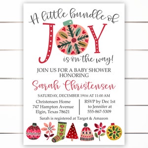 Christmas Baby Shower Invitation, Holiday Baby Shower Invitation, A little Bundle of Joy, Christmas Theme, Holiday Theme image 2