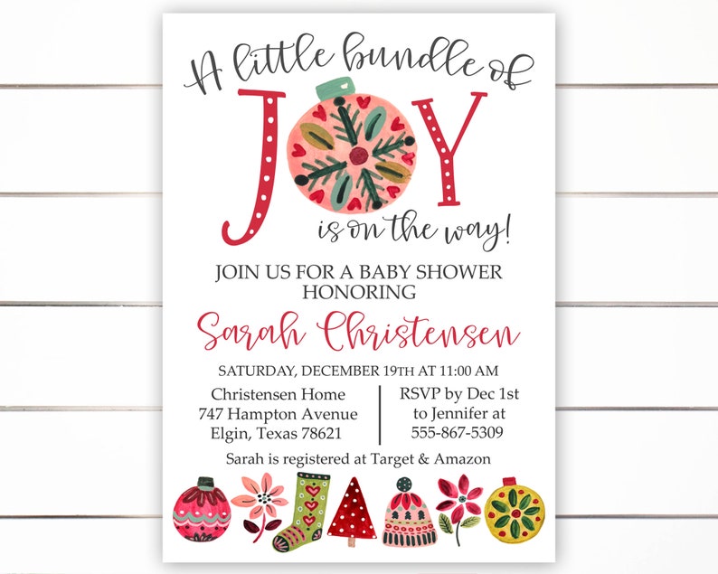 Christmas Baby Shower Invitation, Holiday Baby Shower Invitation, A little Bundle of Joy, Christmas Theme, Holiday Theme image 2