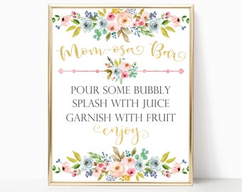 May include: A framed sign with gold lettering and floral watercolor accents. The text reads "Mom-osa Bar" above instructions to "Pour some bubbly, splash with juice, garnish with fruit, enjoy."