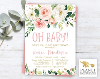 May include: Pink and white floral baby shower invitation with the text "OH BABY!" and "Katie Madison". The invitation includes details for the event, including the date, time, location, and RSVP information. The invitation also includes a logo for "Peanut Parties Place".