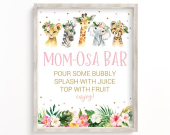 Safari Mom-osa Bar Sign, Baby Shower Momosa Bar, Safari Theme, Jungle Baby Shower, Safari Baby Shower, Tropical, Girl, Printable, Pink, SGP1