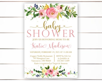 Floral Baby Shower Invitation, Baby Shower Invitation Girl, Baby Shower Invites, It's A Girl Baby Shower, Floral, Pink Gold, Printable, PFP1