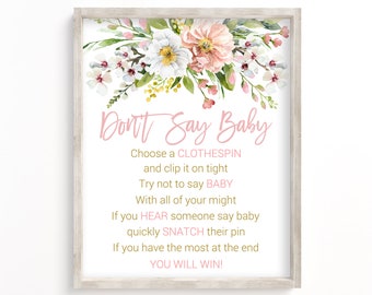 Baby Shower Clothespin Game, Don't Say Baby Game, Printable Baby Shower Game, Girl Baby Shower, Clothespin Game, Pink, Floral, Blush,  VPP1