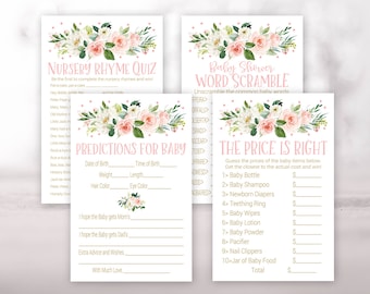 Floral Baby Shower Spiele, druckbare Baby Shower Spiele, Blush Floral, Baby Wort Scramble, Preis ist richtig, Baby Voraussagen, Pink, Gold, BGP1