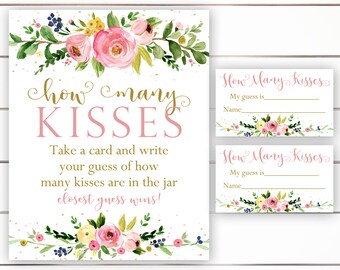 How Many Kisses Are In The Jar, How Many Kisses Game, Baby Shower Game, Baby Shower Sign and Card, Floral, Pink, Blush, Printable, PFP1