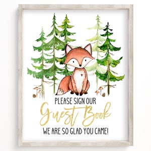 Por favor, firme nuestro libro de visitas, letrero del libro de visitas del baby shower, libro de visitas del baby shower del bosque, imprimible, bosque del bosque, vegetación, niño, WFP1