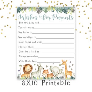 May include: Printable 8x10 inch card with a jungle theme. The card has a title that says "Wishes for Parents" and includes fill-in-the-blank prompts for guests to write wishes for the new parents.