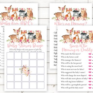 Juegos de baby shower, bingo de baby shower, juegos de baby shower de Woodland, juegos de baby shower imprimibles, paquete de juegos de baby shower, niña, floral, WRP1