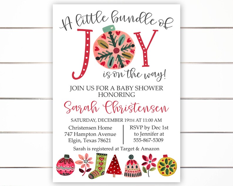 Christmas Baby Shower Invitation, Holiday Baby Shower Invitation, A little Bundle of Joy, Christmas Theme, Holiday Theme image 8