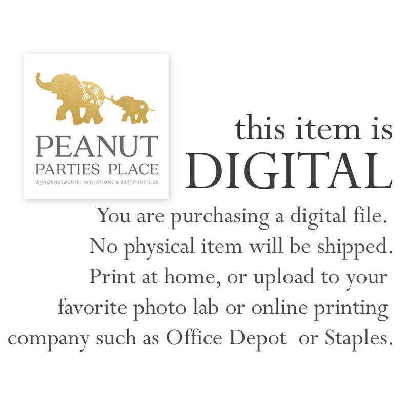 May include: A digital file download for a printable party invitation. The design features two gold elephants with floral details and the text "PEANUT PARTIES PLACE".