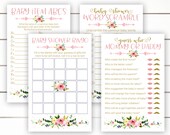 Baby Shower Games, Printable Baby Shower Games, Floral Baby Shower Games, Baby Shower Bingo, Baby Word Scramble, Baby Item ABC's, Girl, PFP1