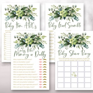 Greenery Baby Shower Games, Greenery Baby Shower, Printable Baby Shower Games, Baby Bingo, Guess Who, Baby Word Scramble, Greenery, GSP1