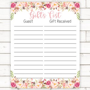 Baby Shower Gift List Printable, Baby Shower Gift List, Floral Baby Shower Decor, Woodland Baby Shower Decor, Baby Shower Gift List, WRP1