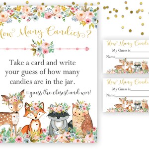 How Many Candies, Guess How Many Candies, Baby Shower Candy Guessing Game, Candy Guess Game Cards, Woodland Baby Shower Game, WP1