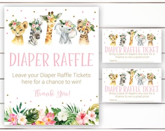 Rifa de pañales Safari, Signo de rifa de pañales, Tarjeta de rifa de pañales, Rifa de pañales baby shower, Tropical, Selva, Animales Safari, Imprimible, SGP1