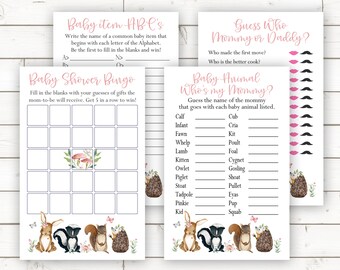 Baby shower games bundel, afdrukbare, roze bos baby shower games, baby shower bingo, bosrijke bloemen, baby shower meisje, bos, WPP1