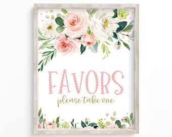 May include: A framed print with a floral design and the word "FAVORS" in pink, dotted letters. The phrase "please take one" is written in gold script below. The top and bottom of the print feature watercolor flowers in pink, white, and green.