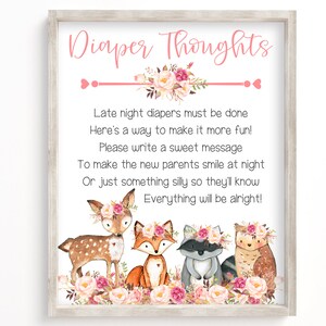 Pensamientos de pañales de baby shower imprimibles, juego de pañales nocturnos, letrero de pañales nocturnos, baby shower del bosque, imprimible, bosque, WRP1