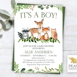 Woodland Baby Shower Invitation, It&#39;s A Boy Baby Shower Invitation, Greenery Baby Shower Invitation, Woodland, Greenery, Baby Shower, WG1