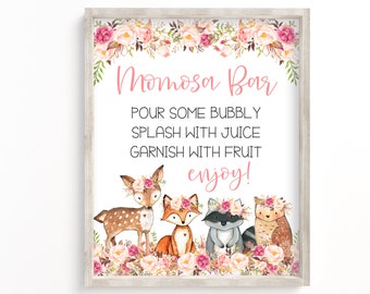 May include: A printable sign for a mimosa bar with a floral border and woodland animals. The sign says "Mimosa Bar" and "Pour some bubbly, splash with juice, garnish with fruit, enjoy!"