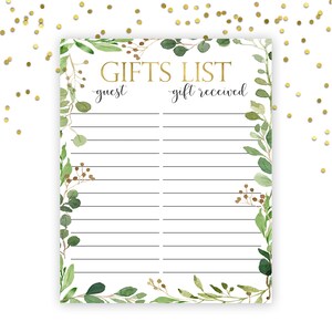 Gift List Printable, Baby Shower Gift List, Greenery Baby Shower, Modern Baby Shower, Gender Neutral Baby, Greenery Baby Shower Decor, WGP1