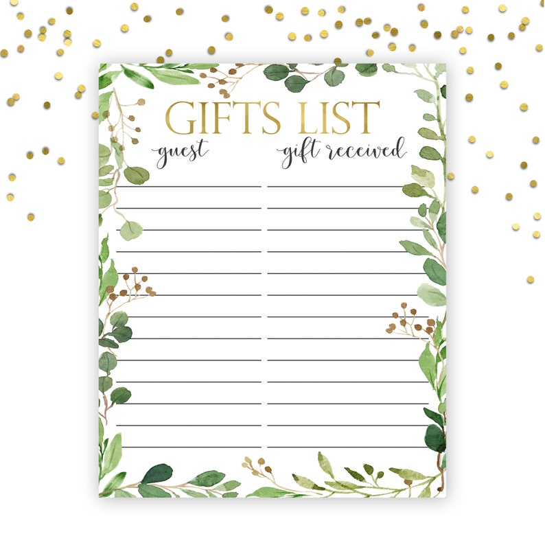 Present Listing Printable, Child Shower Reward Checklist, Greenery Little one Shower, Impressive Boy or girl Shower, Inexperienced Leaves, Greenery Little one Shower Decor picture about Printable Baby Shower Gift List known as Reward Record Printable, Boy or girl Shower Present Listing, Greenery Little one Shower, Innovative Child Shower, Eco-friendly Leaves, Greenery Youngster Shower Decor