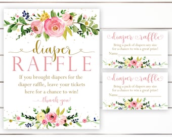 Boleto de rifa de pañales, letrero de rifa de pañales, rifa de pañales imprimible, tarjeta y letrero de rifa de pañales de baby shower, floral, rubor, boho, rosa, PFP1