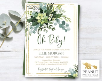 May include: A baby shower invitation with a green and white floral design. The invitation reads "Oh Baby!" and includes the name "Ellie Morgan" and the date "Saturday, August 14th - 11:00 AM". The invitation also includes the location "Copper River Restaurant" and the address "747 Copper Road, Lake Stevens, WA 98258". The invitation also includes the text "Kindly RSVP to Jennifer at 555-867-5309" and "Registered at Target and Amazon".