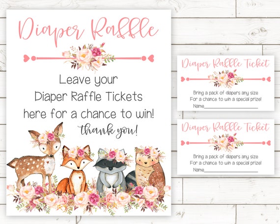 Printable Diaper Raffle Insert, Diaper Raffle Sign and Card, Floral, Woodland Baby Shower, Baby Shower Invitation Insert, Girl, WRP1