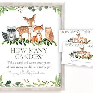 May include: A printable game card for a baby shower or party. The card features a watercolor illustration of woodland animals, including a deer, fox, raccoon, and owl. The text on the card reads "How Many Candies?" and includes instructions for guests to guess the number of candies in a jar.