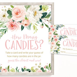 Blush Floral How Many Candies Are In The Jar, Candy Guessing Game, Candy Guess Game, Baby Shower Games, Baby Girl, Printable Sign, BGP1