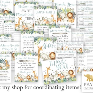 May include: A set of printable baby shower game cards featuring a jungle theme with green leaves, animal illustrations, and gold stars. The cards include games like "How Many Kisses?", "Don't Say Baby", "Guess the Baby Food", and "What's in the Diaper Bag?"