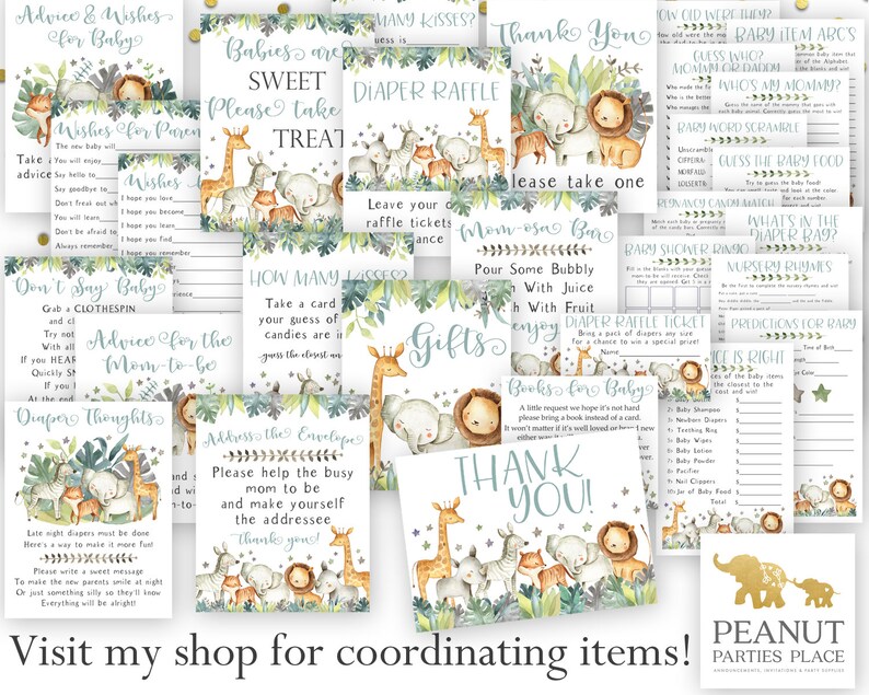May include: A set of printable baby shower game cards featuring a jungle theme with green leaves, animal illustrations, and gold stars. The cards include games like "How Many Kisses?", "Don't Say Baby", "Guess the Baby Food", and "What's in the Diaper Bag?"