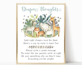 Może przedstawiać: Drukowana tablica z motywem dżungli przedstawiająca zebrę, żyrafę, słonia i tygrysa. Tablica zawiera napis "Diaper Thoughts" i tekst "Late night diapers must be done. Here's a way to make it more fun! Please write a sweet message to make the new parents smile at night or just something silly so they'll know everything will be alright!"