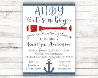 Nautical Baby Shower Invitation, Ahoy It's A Boy, Baby Boy Shower Invites, Anchor Baby Shower, Sailor Baby Shower, Blue, Nautical, Boy, SAP1