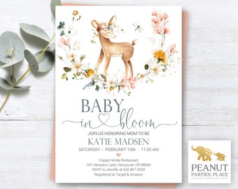 Woodland Deer, Girl Baby Shower Invitation, Baby in Bloom, Woodland Floral, Woodland Deer, Woodland Baby Shower, Watercolor Floral,  DP1