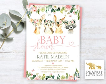 May include: Pink and green baby shower invitation with a floral design and woodland animals wearing flower crowns. The text reads "Baby Shower" and "Katie Madsen".