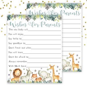 May include: A printable baby shower game card with a jungle theme. The card has a green leafy border and features a giraffe, zebra, lion, elephant, and fox. The text on the card reads "Wishes for Parents". The card has lines for guests to write wishes for the new parents.