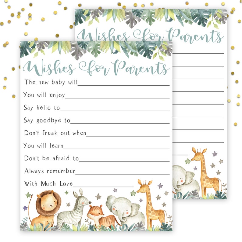 May include: A printable baby shower game card with a jungle theme. The card has a green leafy border and features a giraffe, zebra, lion, elephant, and fox. The text on the card reads "Wishes for Parents". The card has lines for guests to write wishes for the new parents.