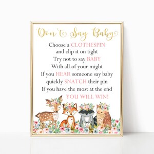 Don&#39;t Say Baby Game, Baby Shower Clothespin Game,  Woodland Baby Shower Game, Woodland Floral Baby Shower, Printable, Baby Girl, Floral, WP1