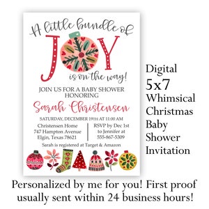 Christmas Baby Shower Invitation, Holiday Baby Shower Invitation, A little Bundle of Joy, Christmas Theme, Holiday Theme image 3