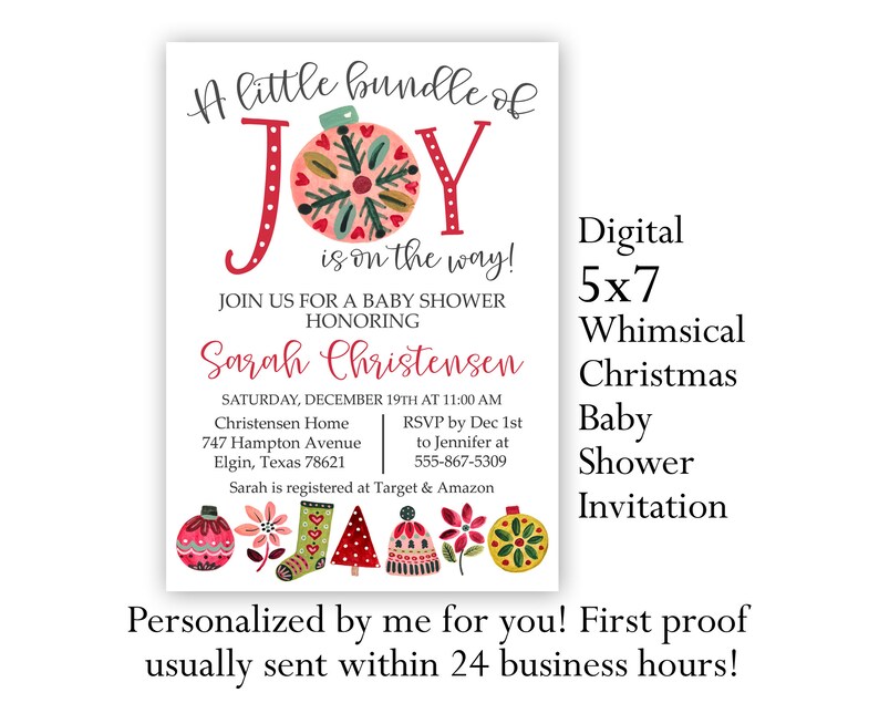 Christmas Baby Shower Invitation, Holiday Baby Shower Invitation, A little Bundle of Joy, Christmas Theme, Holiday Theme image 3