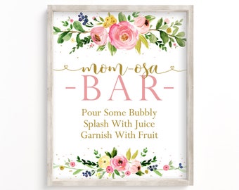 Sinal de bar Momosa, para impressão, sinal de bar Mimosa, chá de bebê Momosa Bar, decoração floral de chá de bebê, chá de bebê menina, floral, rosa, blush, PFP1